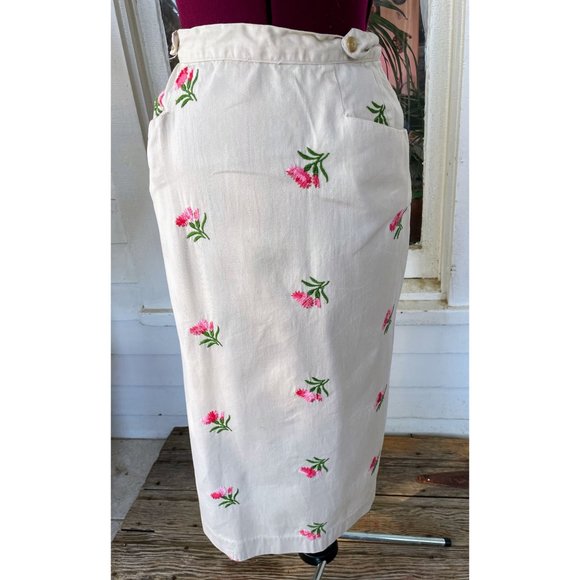 Vintage 1970s Cotton Wrap Skirt Embroidered Pink Flowers Sz M - Picture 10 of 12